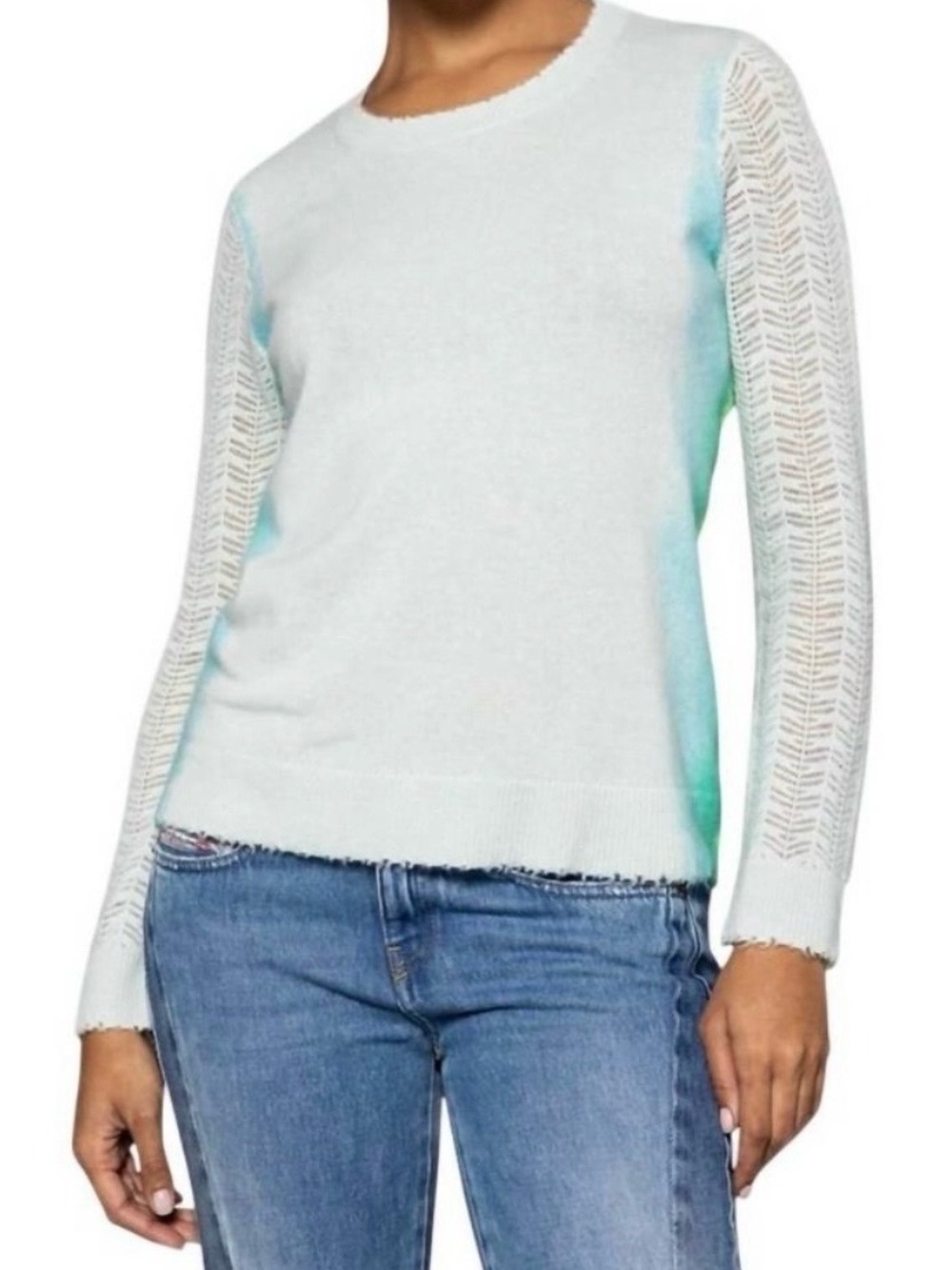Lisa Todd 100% Cashmere Sweater Blue Green Ombre Pointelle Crewneck Chic Size XS